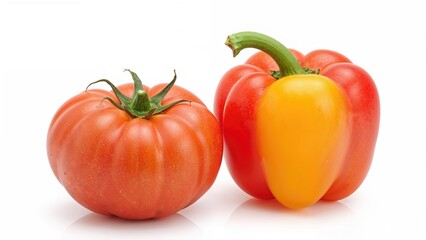 Fresh tomato paired with vibrant red and yellow bell peppers on white surface
