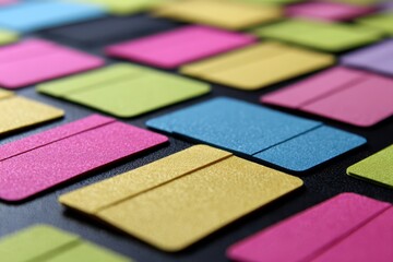 Naklejka premium Safety training workplace rules concept. Colorful sticky notes arranged in a vibrant pattern on a dark background.