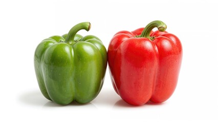 Two sweet peppers displayed on a white backdrop with fresh vegetables