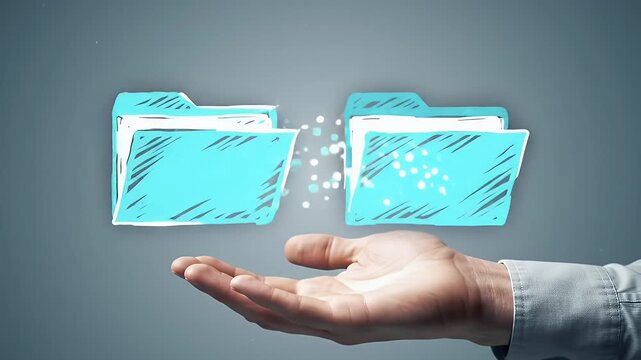 Isolated Hand Presenting Digital Data Migration Concept with Blue Folders and Sparkling Transfer Effect on Neutral Gray Background