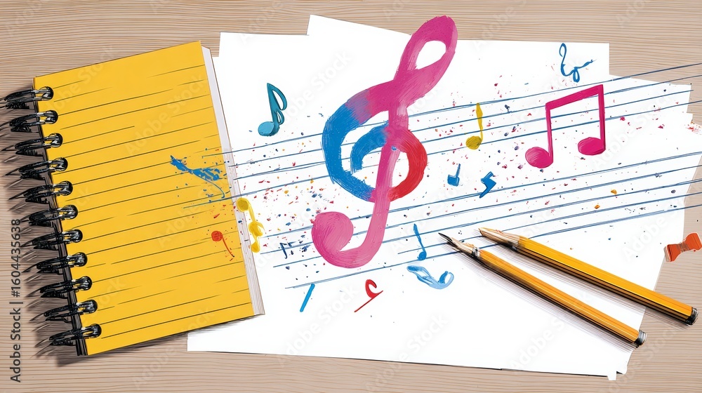 Poster yellow spiral notebook with a musical note on it. the notebook is on a table with a piece of paper w