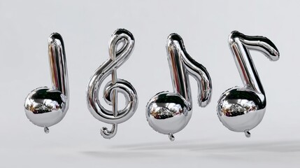 Four silver balloons with musical notes on them. The balloons are floating in the air and appear to be part of a larger design. The design seems to be inspired by music