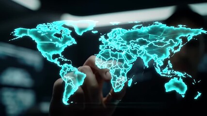 Woman Touching Futuristic Blue World Map Interface on Dark Background Global Network Connection Representing International Business Strategy - Powered by Adobe