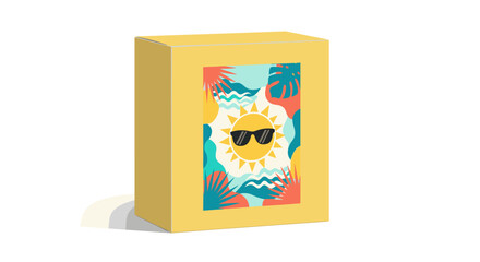 Summer-themed gift box with sunglasses sun design, yellow color, tropical vibes, studio shot