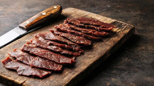 Sliced beef jerky on wooden cutting board, next to knife
