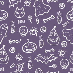 Halloween pattern with hand drawn pumpkins, ghosts, bats, bones, spiders, cats, and candles in white on purple background. Doodle style vector illustration. Halloween celebration.