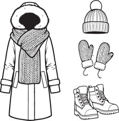 Winter Fashion Vector – Stylish long coat with trendy scarf, warm cap, high boots, cozy gloves, winter wear illustration, seasonal outfit design, fashionable accessories for cold weather look.
