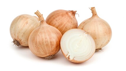 Fototapeta premium Fresh Raw Onions, Both Whole and Halved, Displayed on a White Surface with Clipping Path