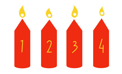 Advent red candles with flames and numbers 1 to 4. Advent celebration. Christmas season concept.