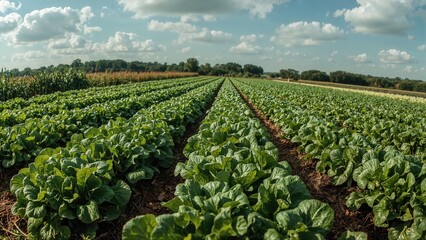 Wide panoramic image of a flourishing hydroponic farm cultivating fresh organic salad leaves and lettuce, featuring space for copy.
