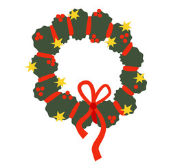 Christmas wreath made of green holly leaves with red berries, yellow stars, red ribbon, and bow