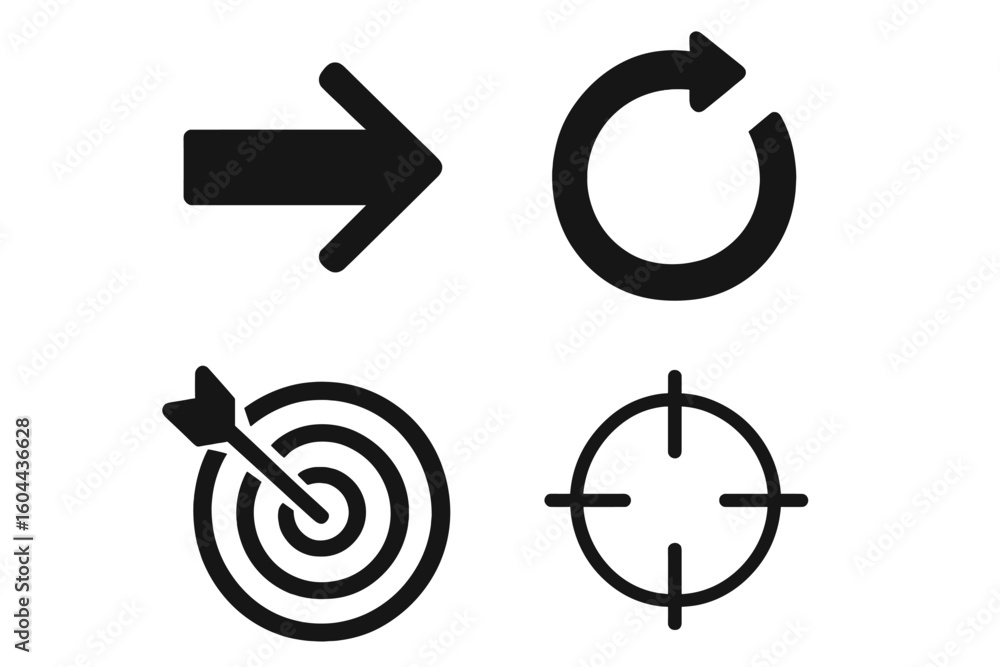 Poster vector icon set for business goals and strategy. includes direction arrow, refresh or reload symbol,
