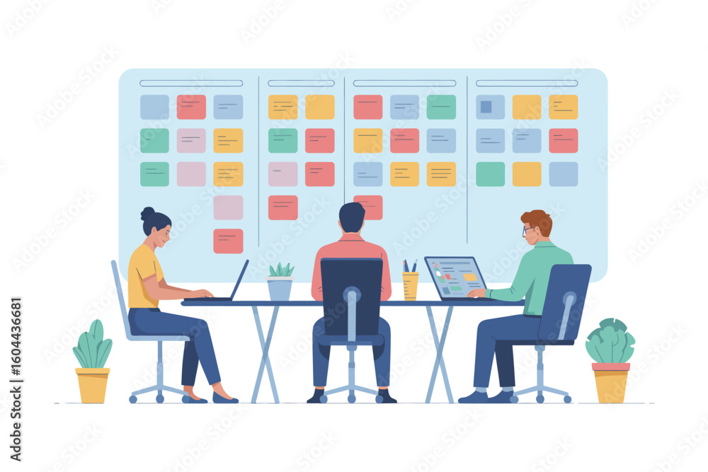 Poster three people working at a table with laptops in front of a board with colorful sticky notes on it