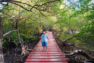 Happy little boy enjoy travel in mangrove forest wooden walk way outdoor