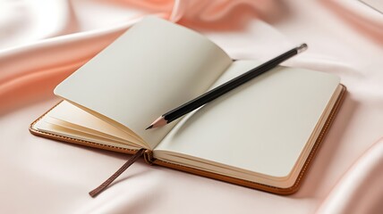 Open notebook with pencil on silk fabric blank pages