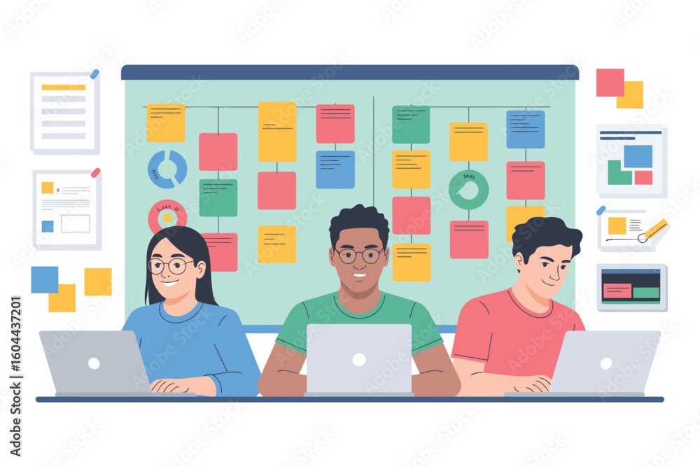Poster team working on laptops in front of a board with sticky notes and charts in a collaborative environm