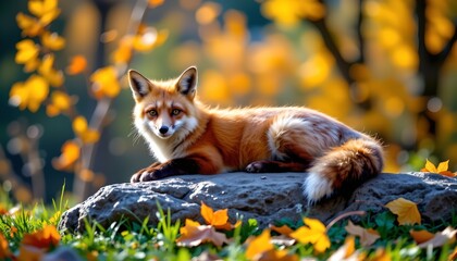 a fox in an autumnal setting, resting peacefully amidst vibrant yellow leaves that contrast with the rocky surface
