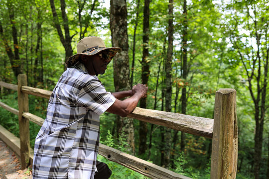 A portrait of a black man standing alone in the woods