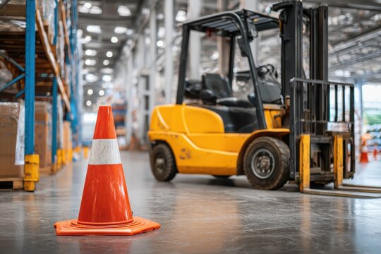 Safety training workplace rules concept. Warehouse scene featuring a forklift and a safety cone in focus.