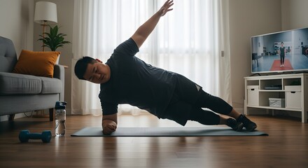 Focused Asian man holds a challenging side plank following a virtual fitness class in his sunlit living room.