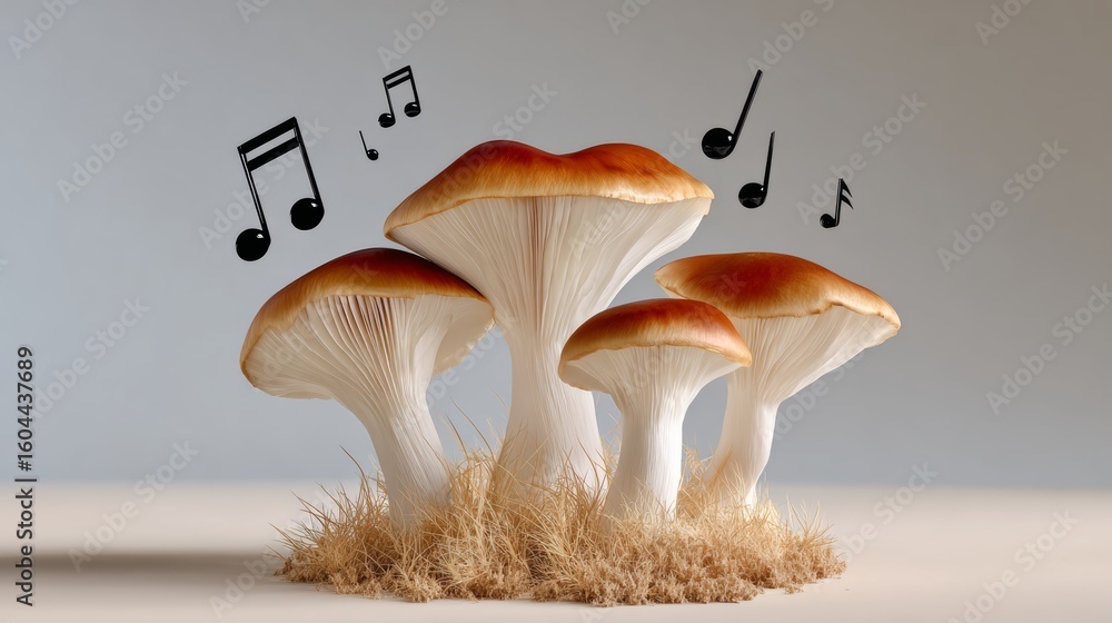 Poster group of mushrooms with musical notes on them. the mushrooms are arranged in a way that they look li