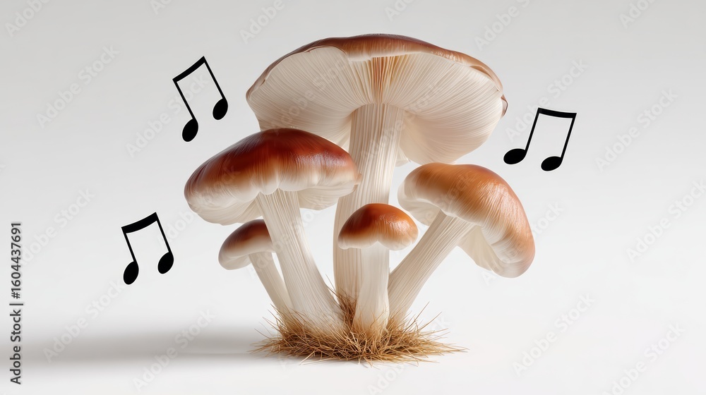 Poster mushroom with musical notes on it. the mushroom is surrounded by grass and he is a part of a larger 