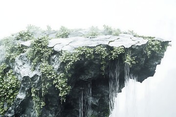 Fantasy floating island with lush greenery and waterfall in a misty landscape