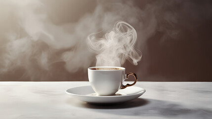 Obraz premium Steaming hot coffee cup on saucer perfect for morning coffee break concept