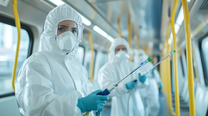 Workers in protective suits disinfect a public transport vehicle to prevent spread of germs. They wear masks and goggles, sanitizing interior with sprayers.