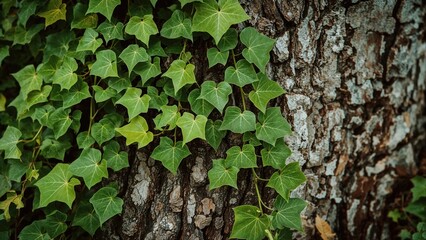 Lush green ivy sprouting from weathered tree surface