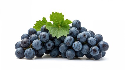 Fototapeta premium Cluster of blue grapes with green foliage set on a white surface