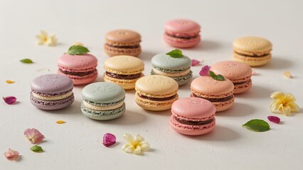 Obraz premium Brightly colored almond-based mini cookies with an assortment of flavors and fillings