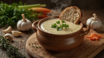 Dinner featuring organic garlic and vegetable soup with bread
