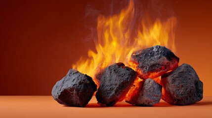 Pile of rocks with a fire burning on top of them. The fire is orange and yellow, and the rocks are black. Concept of danger and destruction, as the fire is consuming the rocks
