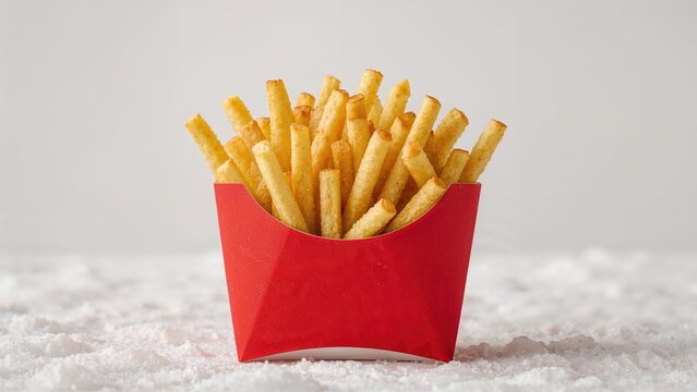 Golden French fries presented in a bright red holder against a clean white surface