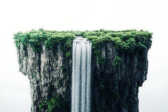 Majestic floating island with lush greenery and a cascading waterfall, serene landscape - Powered by Adobe