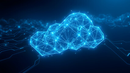 Dynamic glowing blue digital cloud network, representing data, connectivity and innovation.
