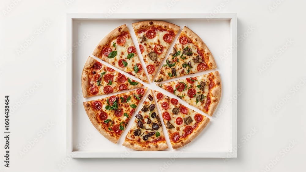 Poster white background featuring a frame composed of different pizza slices from above