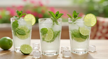 Fototapeta premium Refreshing Mojito Cocktails with Lime and Mint on Wooden Table