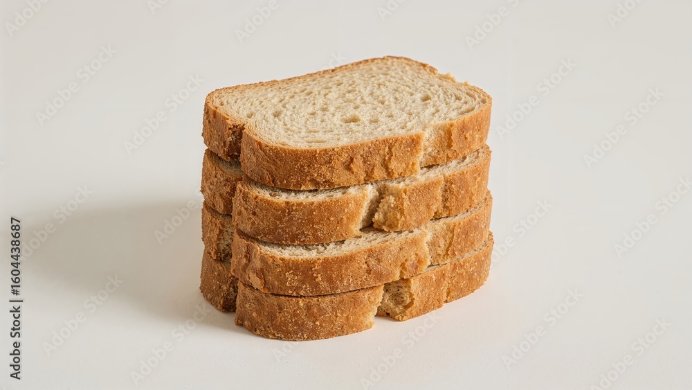 Poster four layers of bread stacked together on a simple background.