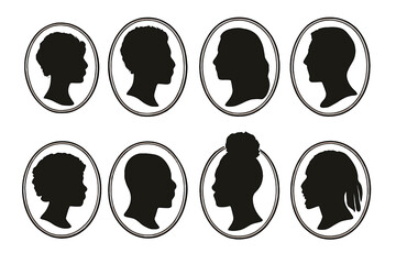 Cameo silhouette collection of diverse African American people. Vector set of vintage profile icons with various hairstyles, afro, bun. Man and woman head shapes.