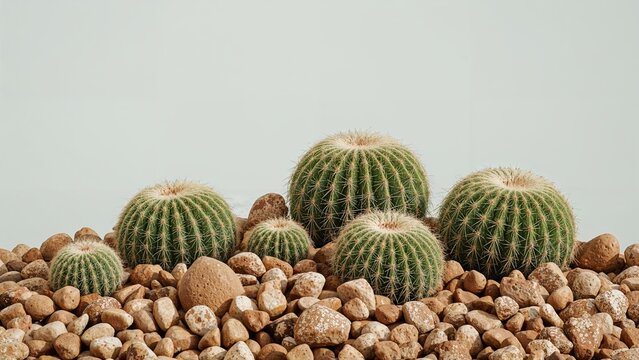 Group of four ball cacti surrounded by pebbles. Nature science, journey, horticultural design setting. Text placeholder