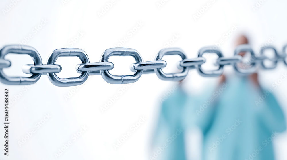 Poster metal chain link closeup on a white background. interconnected links show strength and dependability
