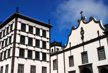 Portugal, Azores Islands, Ponta Delgada, the capital of Sao Miguel Island. Facades of the Esperanca...