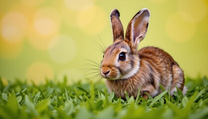 a fluffy bunny standing in a field of green grass with bright yellow flowers in the background. the rabbit is looking directly at the camera, creating an intimate connection with the viewer