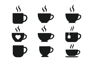 Coffee mug vector icons and tea cup silhouette set. Hot drink symbols with steam, heart, and teabag. Cafe and coffee shop branding elements for logo or web design.