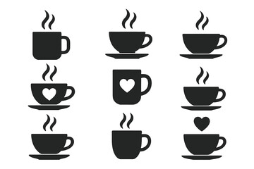 Coffee mug and tea cup vector icon set. Black silhouette collection with steam and heart symbols for cafe logo, coffee shop branding, menu design or hot drink element.