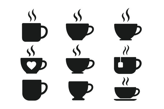 Coffee mug vector icons and tea cup silhouette set. Hot drink symbols with steam, heart, and teabag. Cafe and coffee shop branding elements for logo or web design.