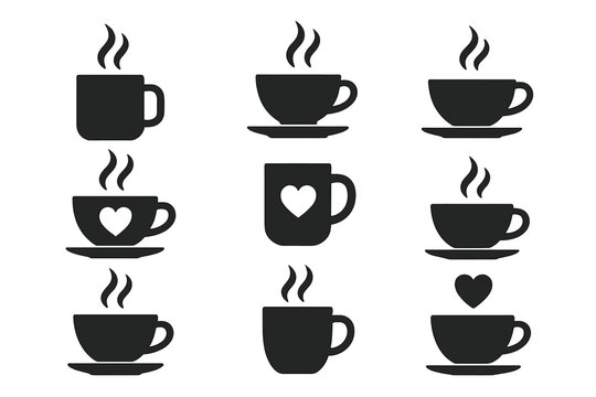 Coffee mug and tea cup vector icon set. Black silhouette collection with steam and heart symbols for cafe logo, coffee shop branding, menu design or hot drink element.