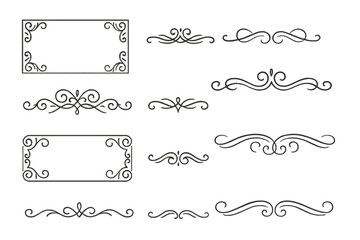 Obraz premium Set of vintage decorative borders and elegant text dividers. Collection of classic ornamental frames and calligraphic flourishes. Retro vector design elements for invitations.